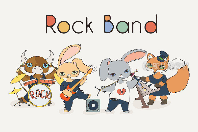 Funky animals摇滚乐队。可爱的儿童音乐插画。